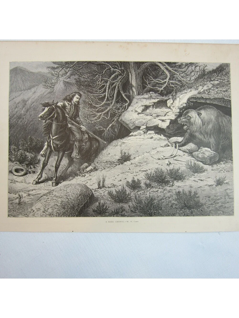 Antique 1874 Engraving Print A Bare Chance by W.M. Cary Aldine Western & Indian